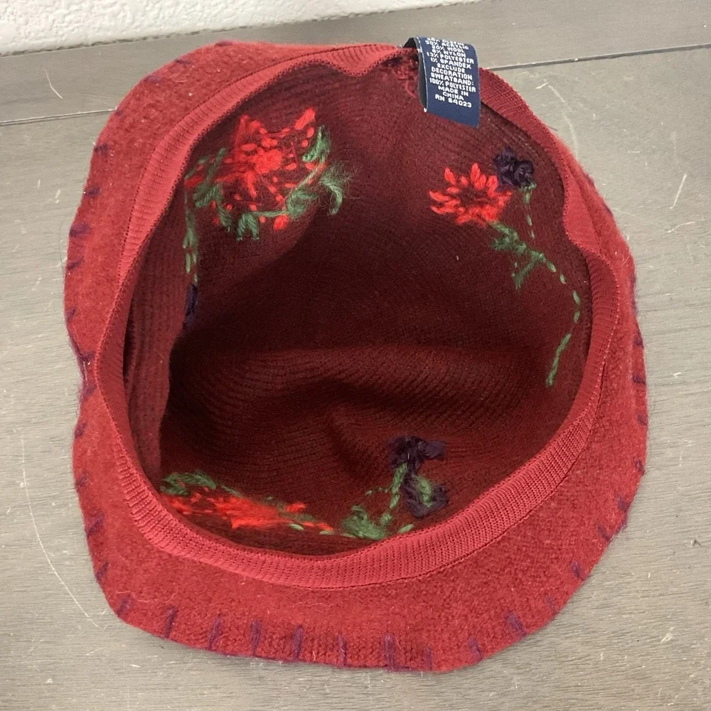 GAP Y2K Women's Red Wool Blend Embroidered Beaded Boho Cloche Bucket Hat Sz S/M